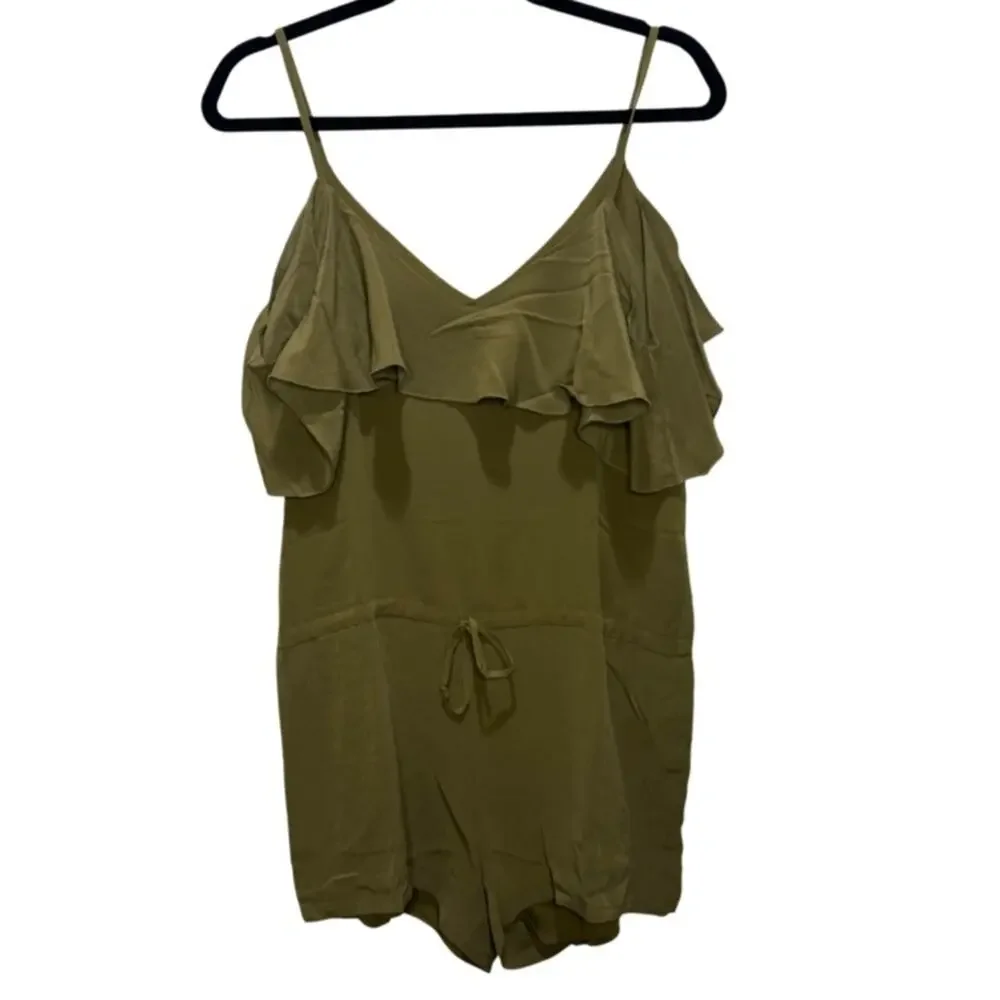 NWT Chaser Off Shoulder Silk Ruffle Romper - Olive Green Size M